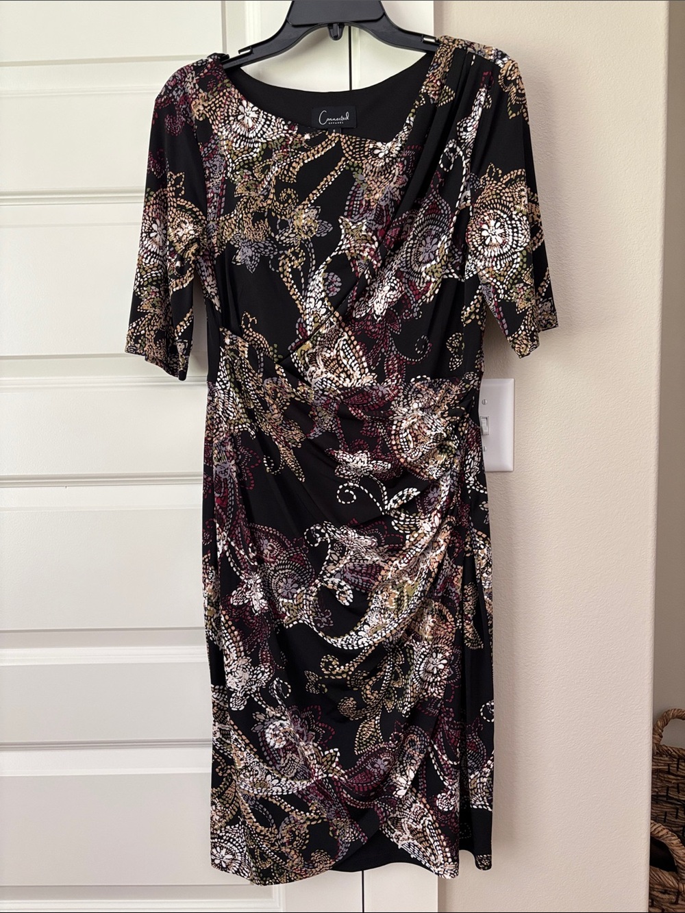 Connected Apparel Black Floral Paisley Draped Dress